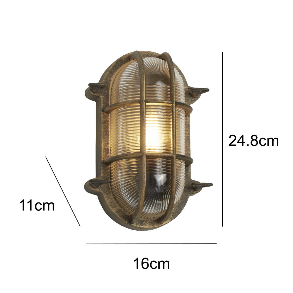 BowLift | Antique Brass & Ribbed Glass Outdoor Vintage Oval Surface Lights Wall Lamp 248mm