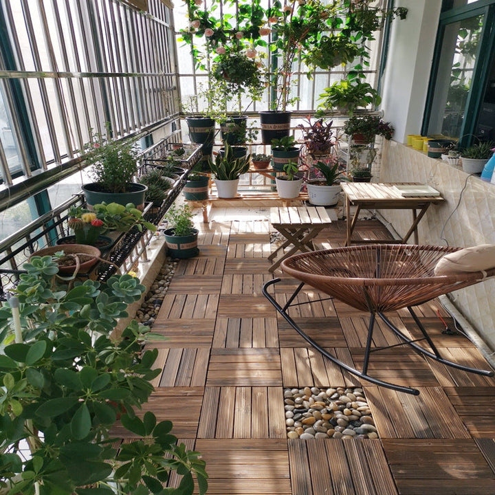 BowLift | Farmhouse square tile floor brown pine wood for patio garden