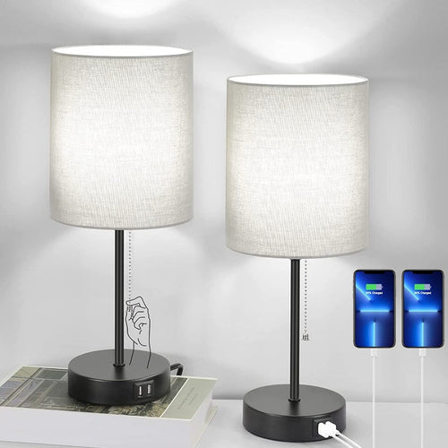 BowLift | Table lamp set of 2 with USB charging ports, gray bedside lamps with AC outlet, bedside lamps with pull switch, minimalist modern desk lamps with fabric shade for living room bedroom office