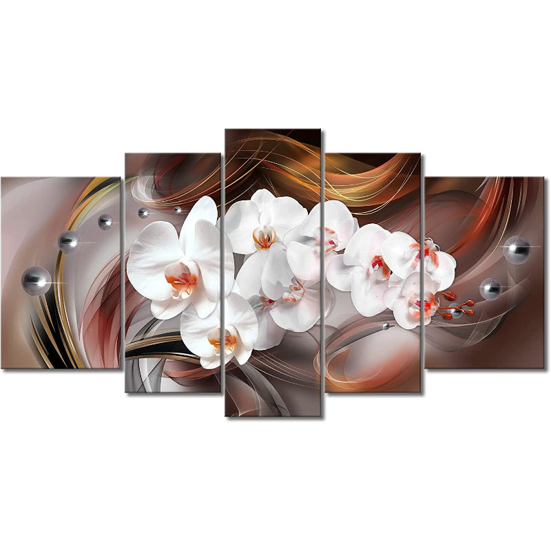 Set Of 5 White Orchid Canvas Wall Art Painting | Bowlift
