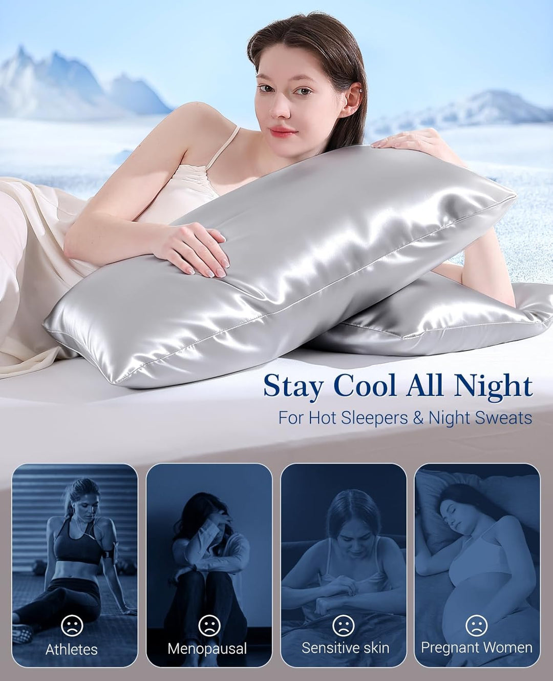 Cooling Pillowcases Q-max>0.5, 2-Pack, Soft & Hair-Friendly- Silver Gray | Bowlift