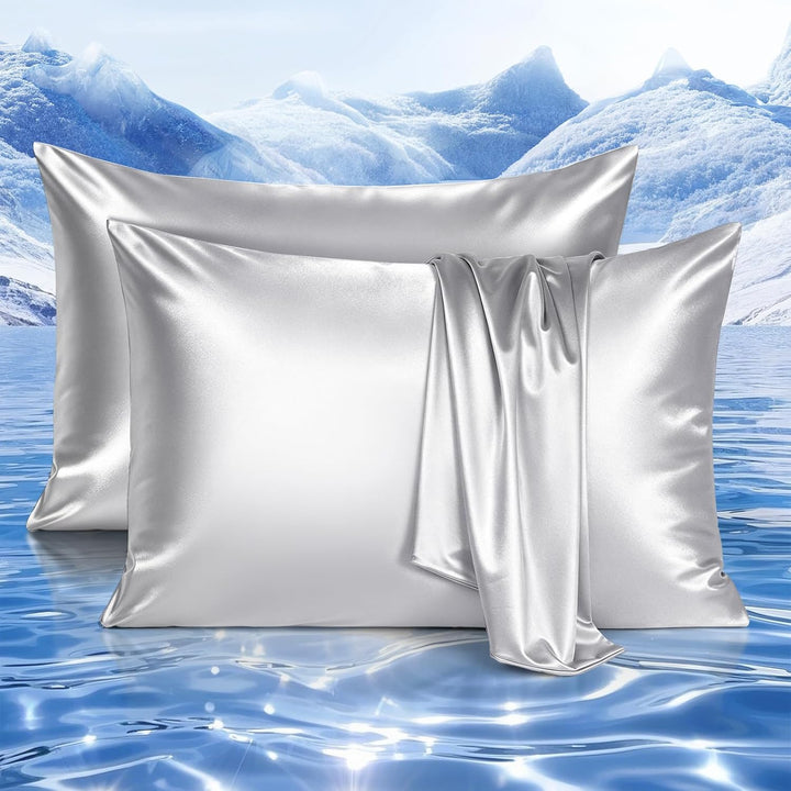 Cooling Pillowcases Q-max>0.5, 2-Pack, Soft & Hair-Friendly- Silver Gray | Bowlift