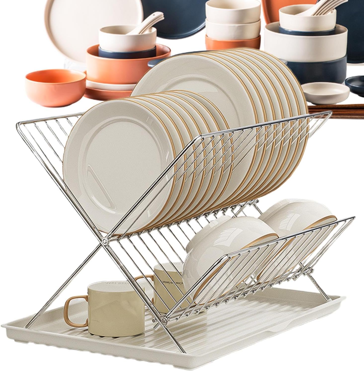 BowLift | Folding Dish Drying Rack – 2-Tier Countertop Drainer with Detachable Tray – Kelvra