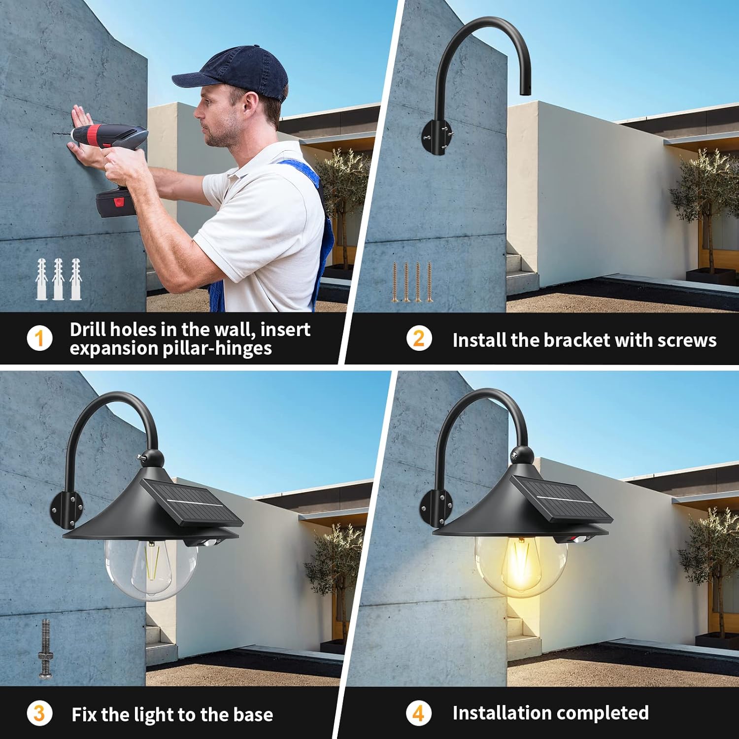 BowLift | Solar Motion Barn Wall Lights with 3 Modes & Gooseneck Design (2 Pack) – Halden