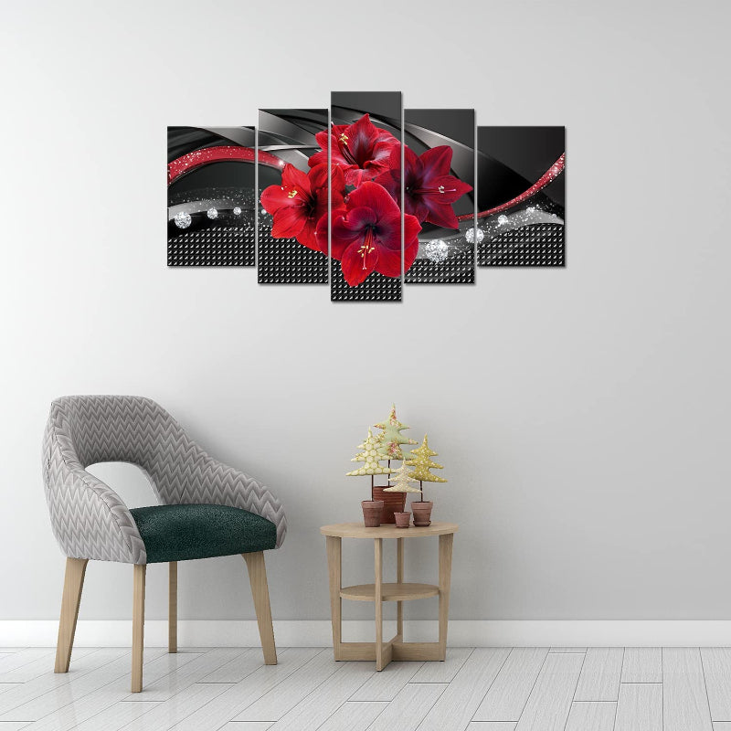 Set Of 5 Red Lily Canvas Wall Art Painting | Bowlift