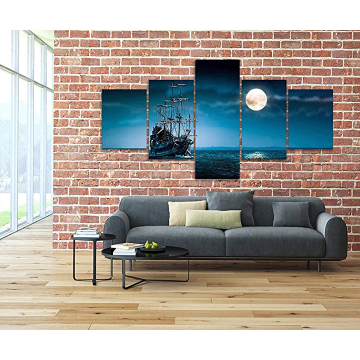 5 Pieces Full Moon Night Pirate Ship Sailing Painting | Bowlift