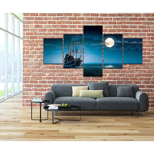 5 Pieces Full Moon Night Pirate Ship Sailing Painting | Bowlift