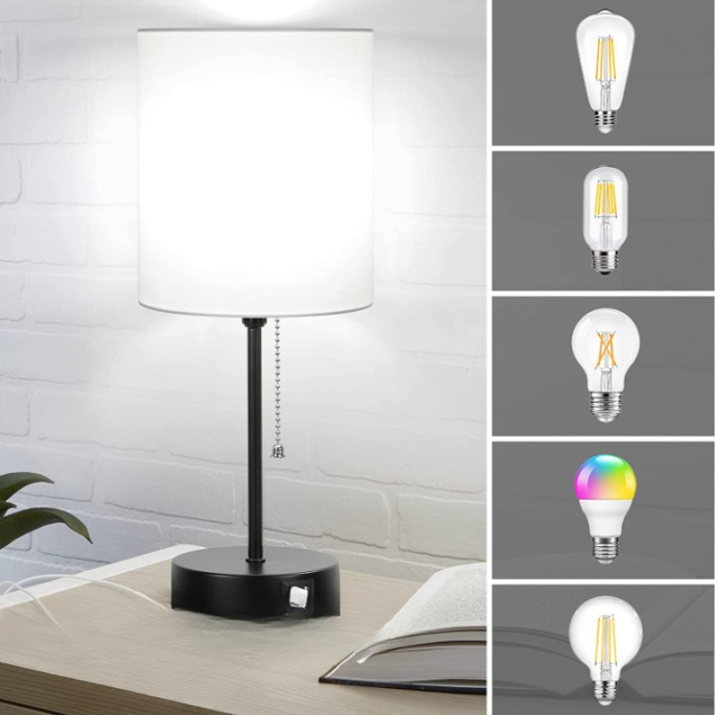 BowLift | Table lamp set of 2 with USB charging ports, gray bedside lamps with AC outlet, bedside lamps with pull switch, minimalist modern desk lamps with fabric shade for living room bedroom office