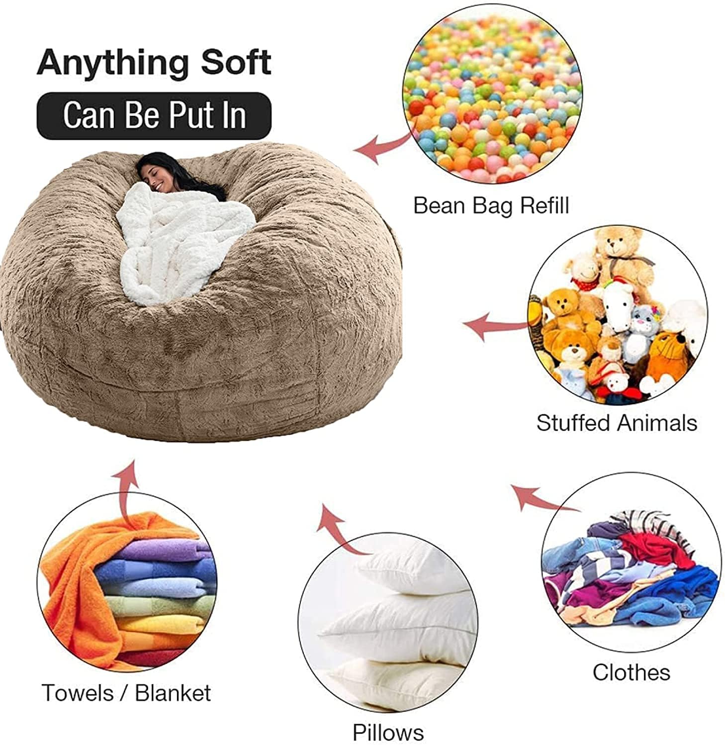 BowLift | Giant 5ft Fluffy Faux Fur Bean Bag Cover – Ultra-Soft Lounge Sofa (Cover Only)