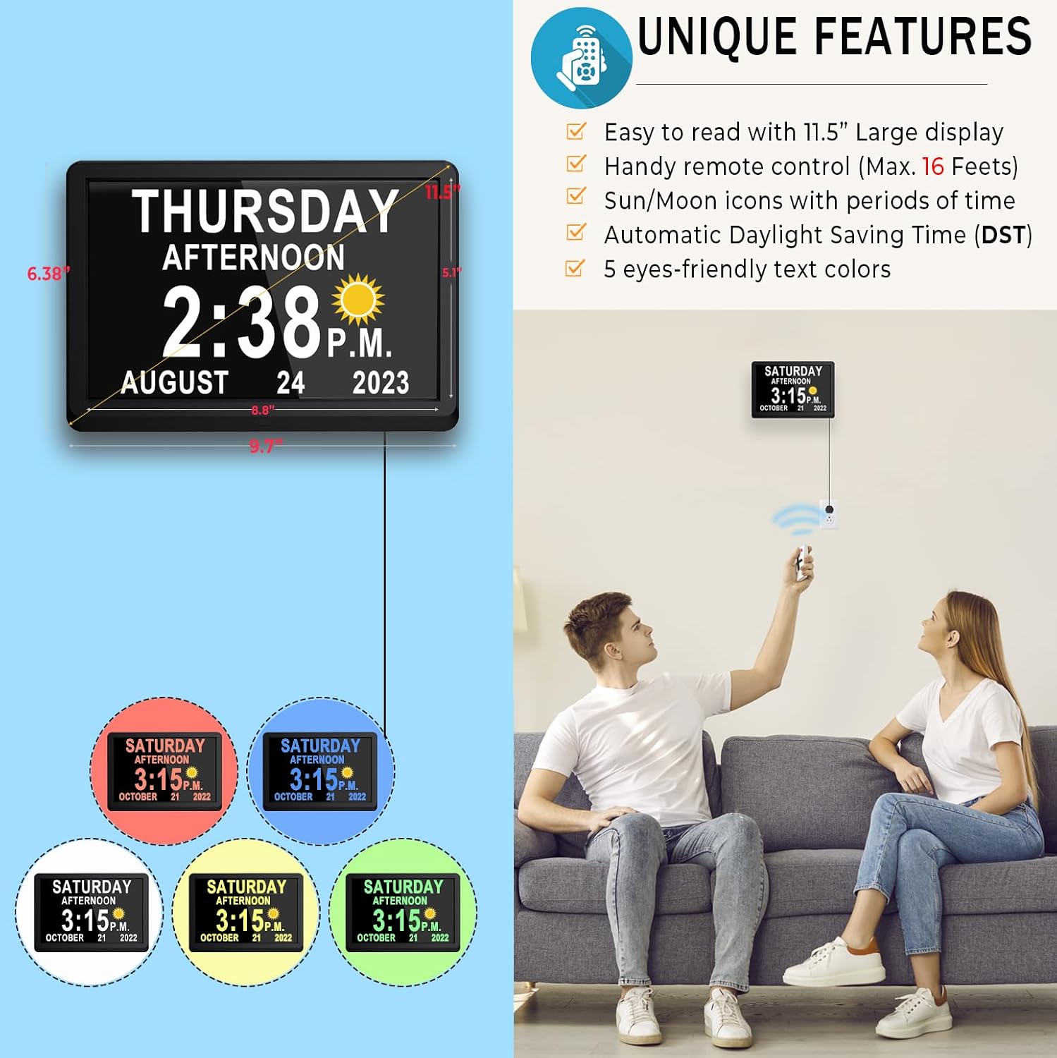 BowLift | 11.5-Inch Digital Calendar Day Clock with 19 Reminders – Claryon