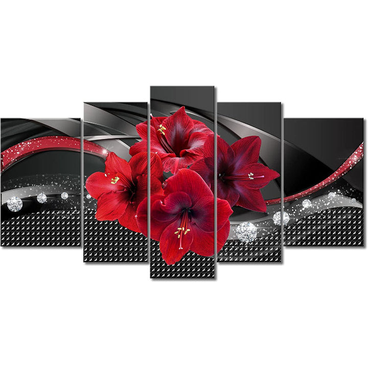 Set Of 5 Red Lily Canvas Wall Art Painting | Bowlift