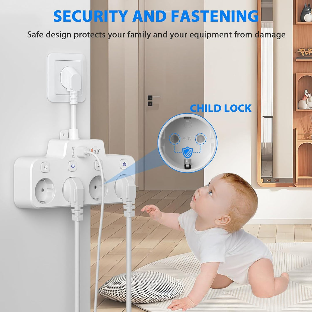 BowLift | Swivel Wall-Mounted Power Strip with Independent Switches – 3 Outlets + 2 USB-A + 1 USB-C Ports