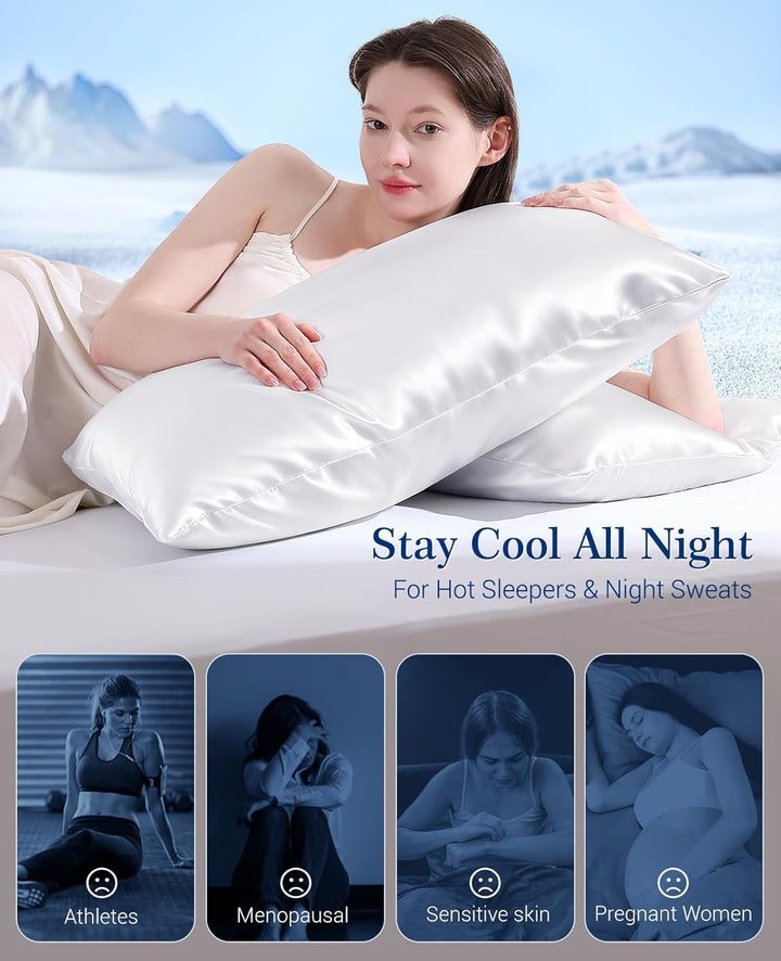 Cooling Pillowcases Q-max>0.5, 2-Pack, Soft & Hair-Friendly-White | Bowlift
