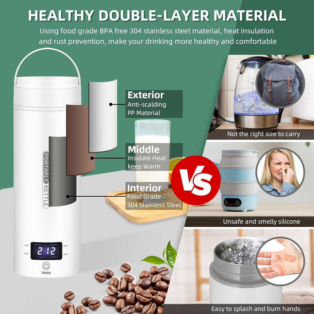 BowLift | Portable Electric Travel Kettle | Compact Stainless Steel Smart Kettle with LCD