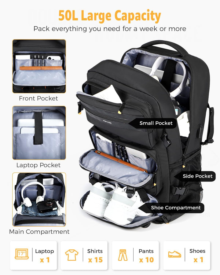 50L Flight-Ready Convertible Travel Backpack with Shoe Compartment & USB Port | Bowlift