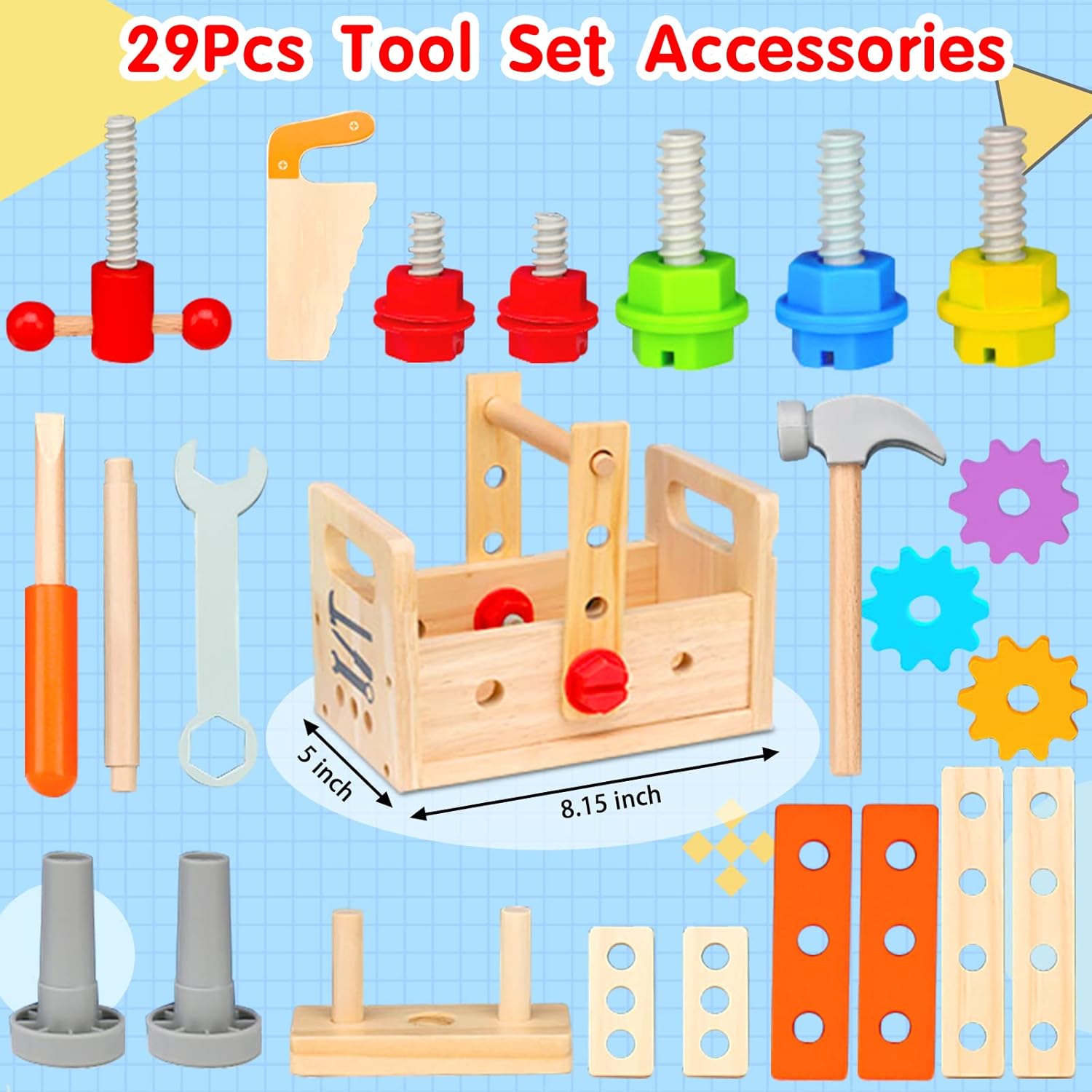 BowLift | 29-Piece Wooden Tool Box Set | Montessori STEM Educational Construction Toy for Kids Aged 2 to 6