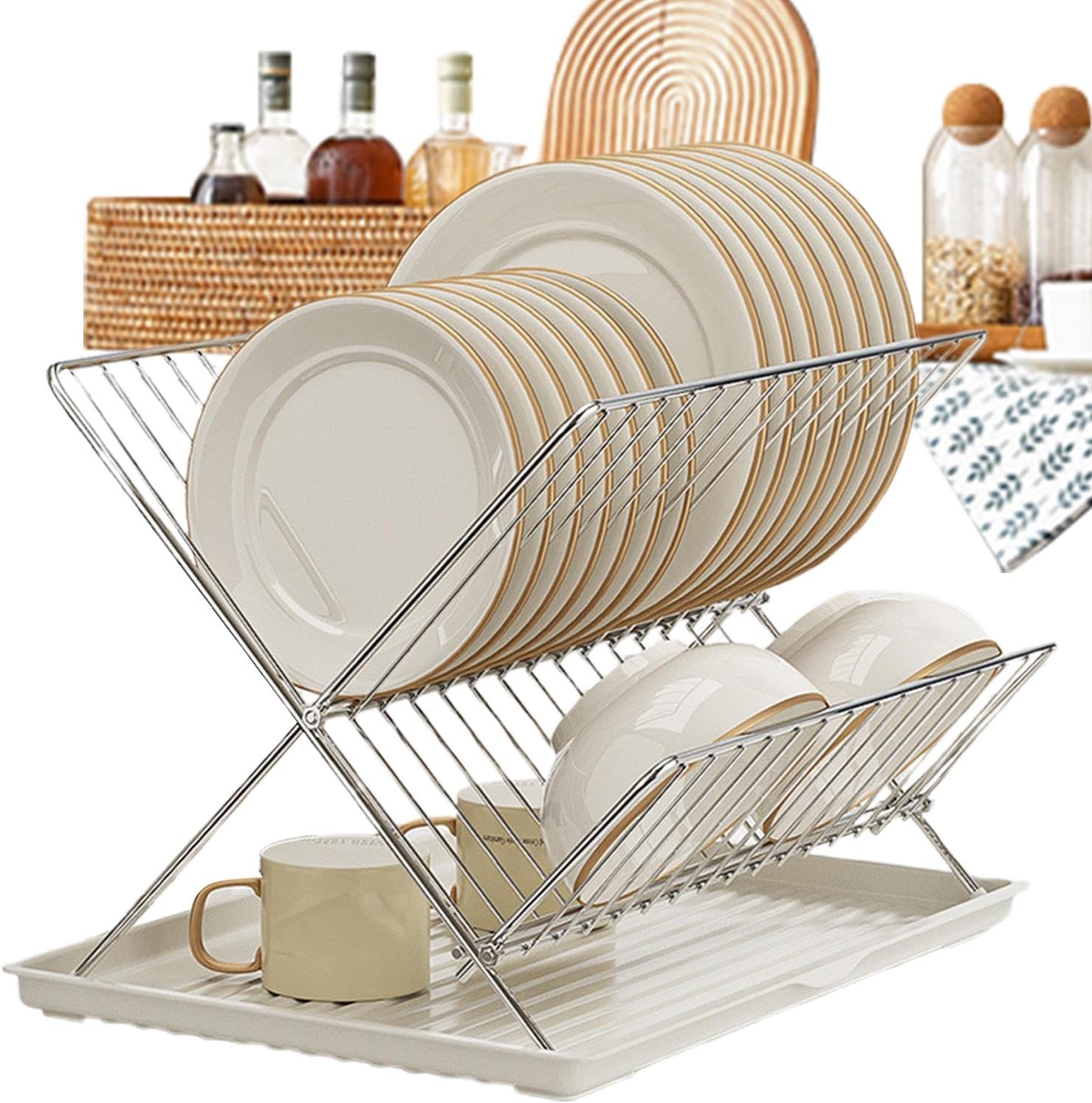 BowLift | Folding Dish Drying Rack – 2-Tier Countertop Drainer with Detachable Tray – Kelvra
