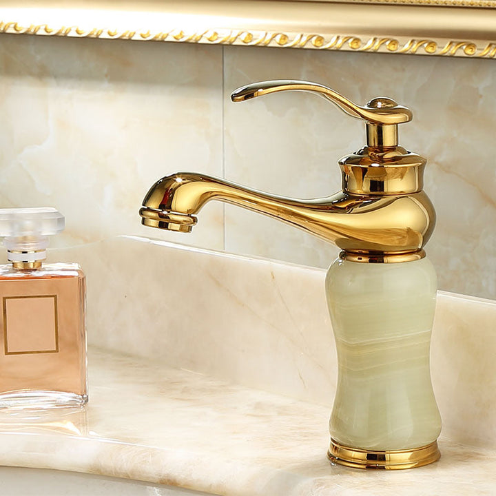 BowLift | Deck Mounted Copper Tub Faucet Low Arc Roman Tub Faucet Set with Jade