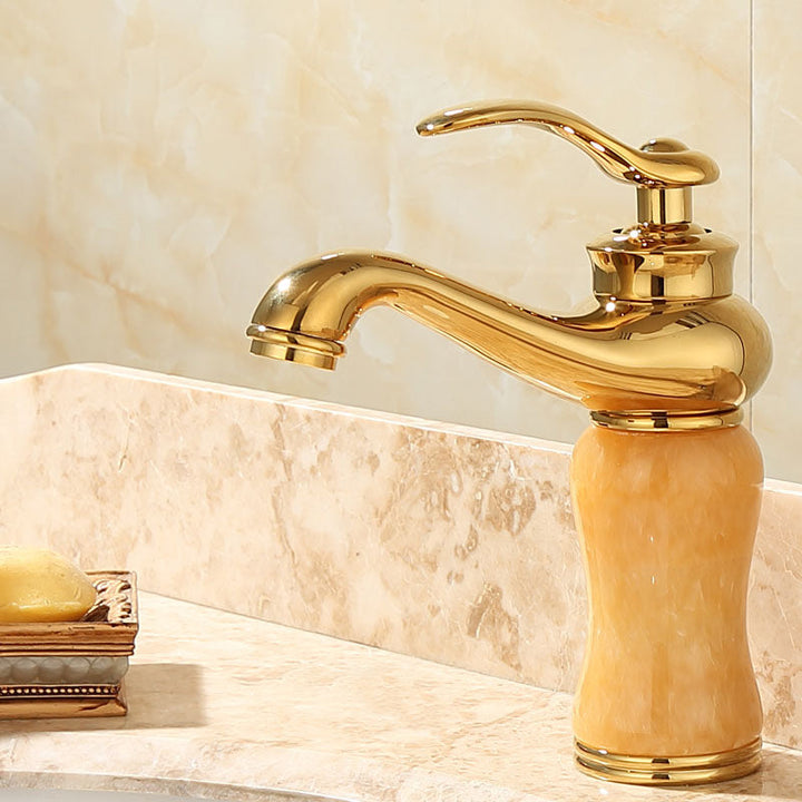 BowLift | Deck Mounted Copper Tub Faucet Low Arc Roman Tub Faucet Set with Jade