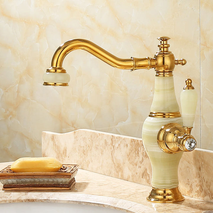 BowLift | Deck Mounted Copper Tub Faucet Low Arc Roman Tub Faucet Set with Jade