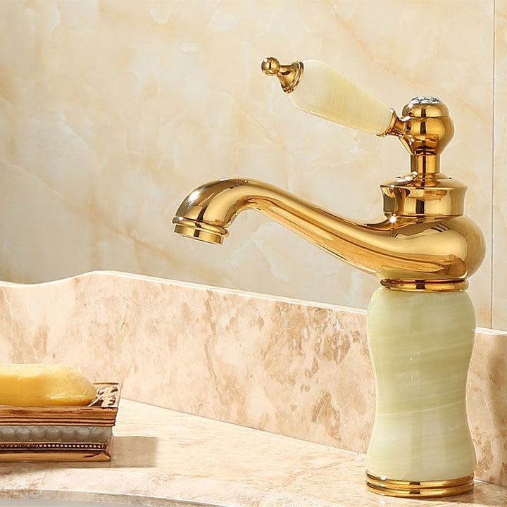 BowLift | Deck Mounted Copper Tub Faucet Low Arc Roman Tub Faucet Set with Jade
