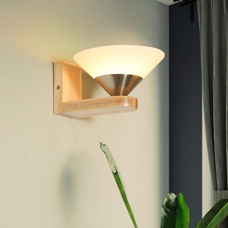 BowLift | 1 Bulb Nightstand Wall Switch Modern Wood and Nickel Wall Lamp with Cone White Glass Shade