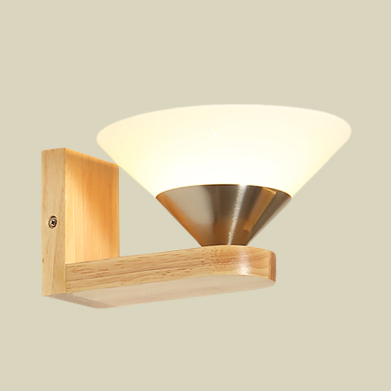 BowLift | 1 Bulb Nightstand Wall Switch Modern Wood and Nickel Wall Lamp with Cone White Glass Shade