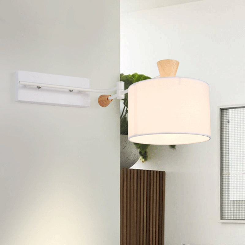 BowLift | Drum Fabric Wall Light Modern 1 Bulb White Surface Wall Mounted Lamp with Rotatable Arm