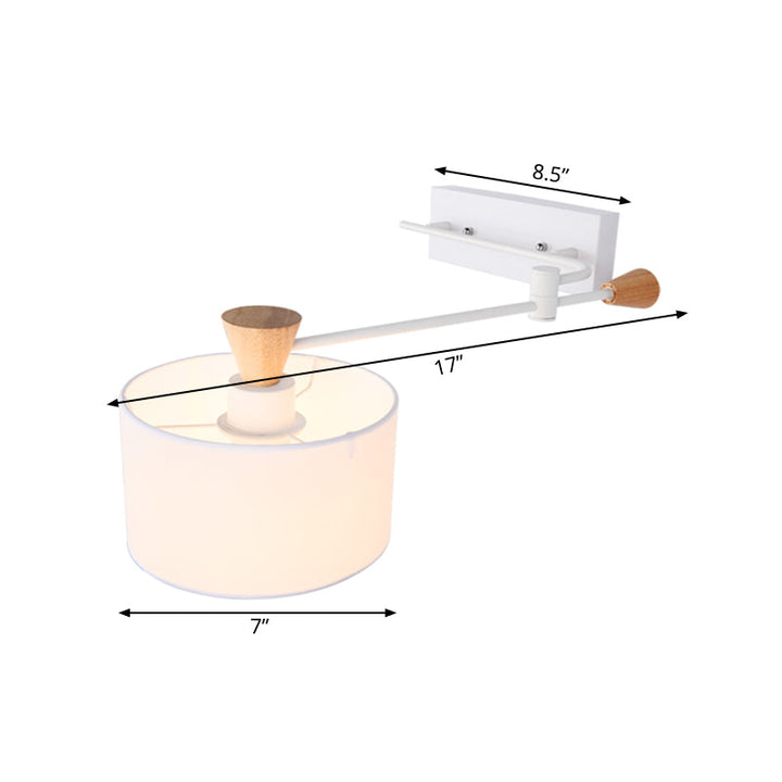 BowLift | Drum Fabric Wall Light Modern 1 Bulb White Surface Wall Mounted Lamp with Rotatable Arm