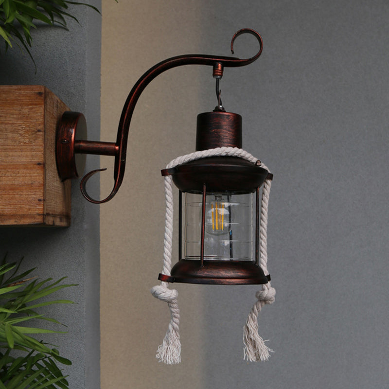 BowLift | 1-Bulb Metal Wall Mounted Light Industrial Brass/Copper Curved Arm Wall Lamp with Lantern Clear Glass Shade