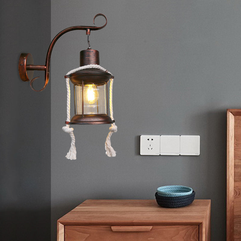 BowLift | 1-Bulb Metal Wall Mounted Light Industrial Brass/Copper Curved Arm Wall Lamp with Lantern Clear Glass Shade