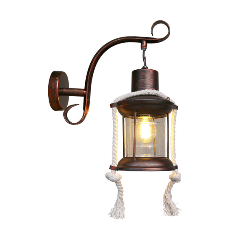BowLift | 1-Bulb Metal Wall Mounted Light Industrial Brass/Copper Curved Arm Wall Lamp with Lantern Clear Glass Shade