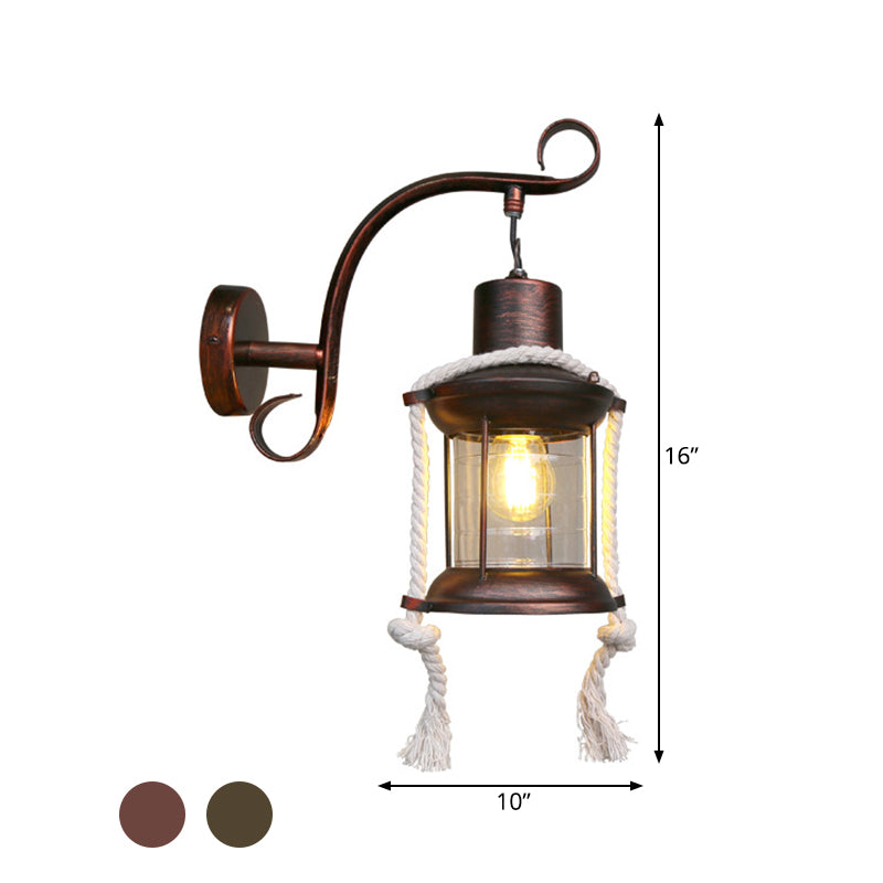 BowLift | 1-Bulb Metal Wall Mounted Light Industrial Brass/Copper Curved Arm Wall Lamp with Lantern Clear Glass Shade