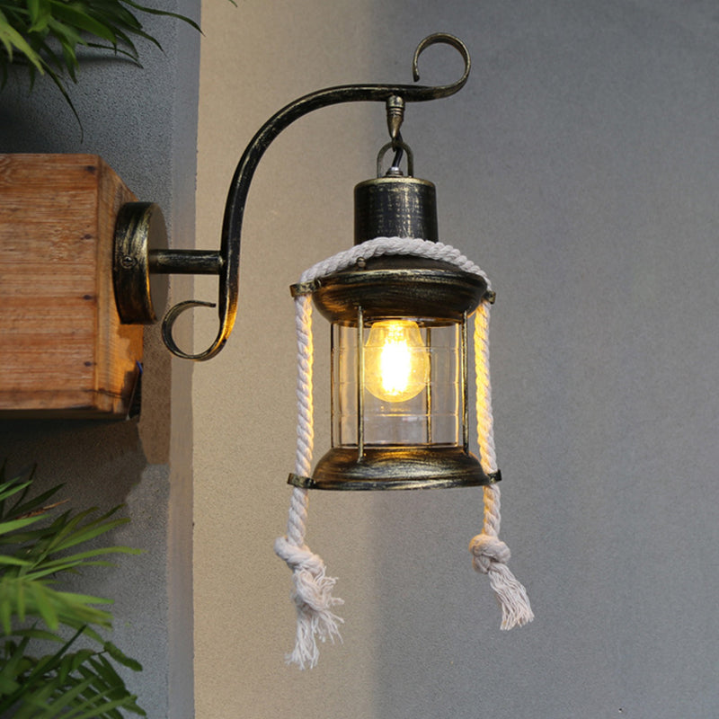 BowLift | 1-Bulb Metal Wall Mounted Light Industrial Brass/Copper Curved Arm Wall Lamp with Lantern Clear Glass Shade