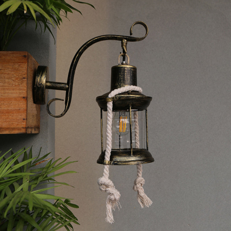 BowLift | 1-Bulb Metal Wall Mounted Light Industrial Brass/Copper Curved Arm Wall Lamp with Lantern Clear Glass Shade