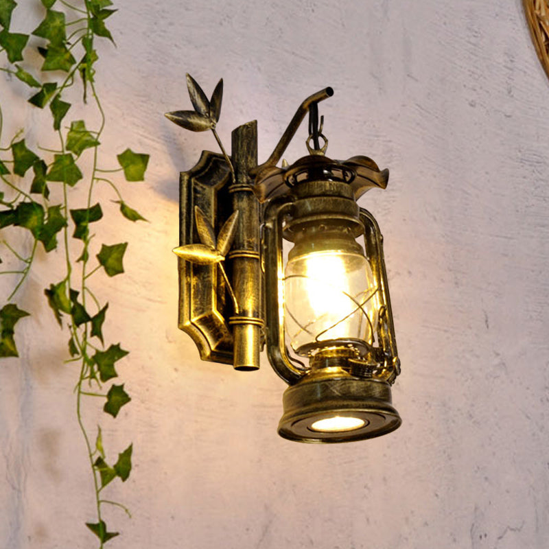 BowLift | Industrial Lantern Wall Lamp 1 Head Clear Glass Wall Plate Lighting Fixture in Bronze/Copper with Metal Bamboo Back Plate