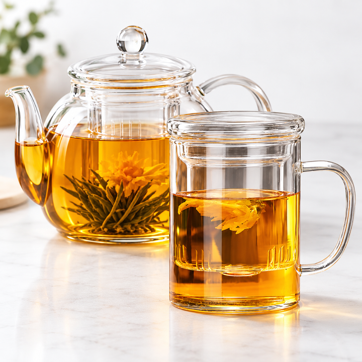 Double-Walled Borosilicate Glass Tea Brewing Mug with Integrated Blooming-Tea Infuser and Lid Bowlift