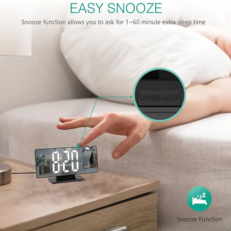 BowLift | 180° Adjustable LED Projection Alarm Clock – Snooze, 12/24H Time & Temperature Display, Mirror Design – USB Powered, Night Mode & Memory Function