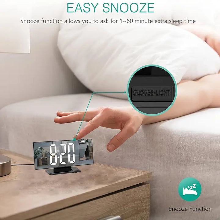 BowLift | 180° Adjustable LED Projection Alarm Clock – Snooze, 12/24H Time & Temperature Display, Mirror Design – USB Powered, Night Mode & Memory Function