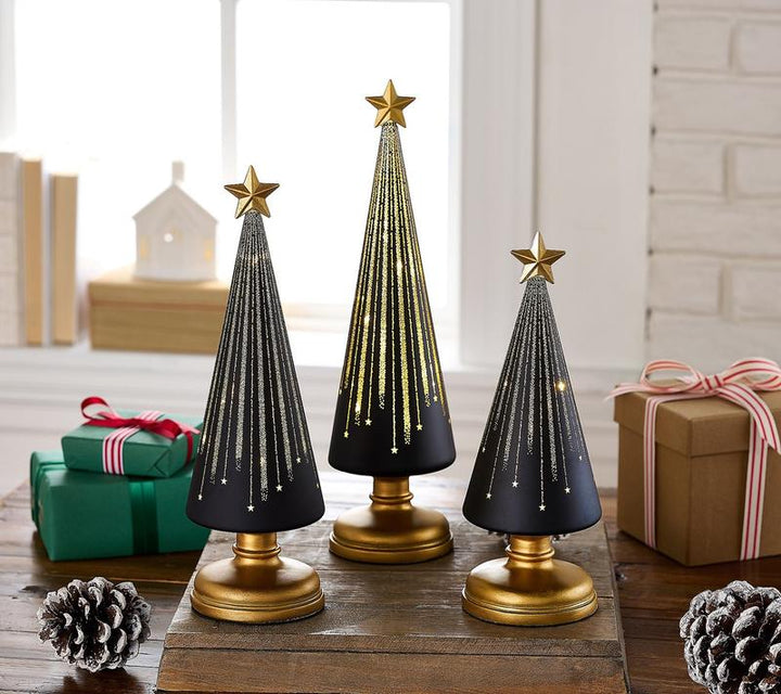 BowLift | Illuminated Christmas Trees Set | Starry Night Design | With Timer | Battery Operated | For Indoor Use