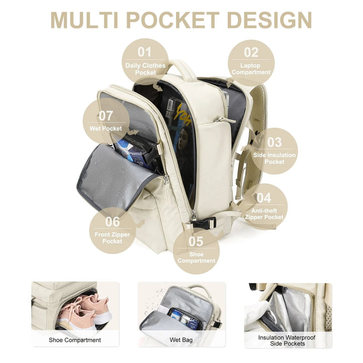 BowLift | Travelliva Women's Travel Backpack 35 L | Waterproof & with USB Port | Anti-theft & Shoe Compartment | For Hiking, Daily Use & Travel