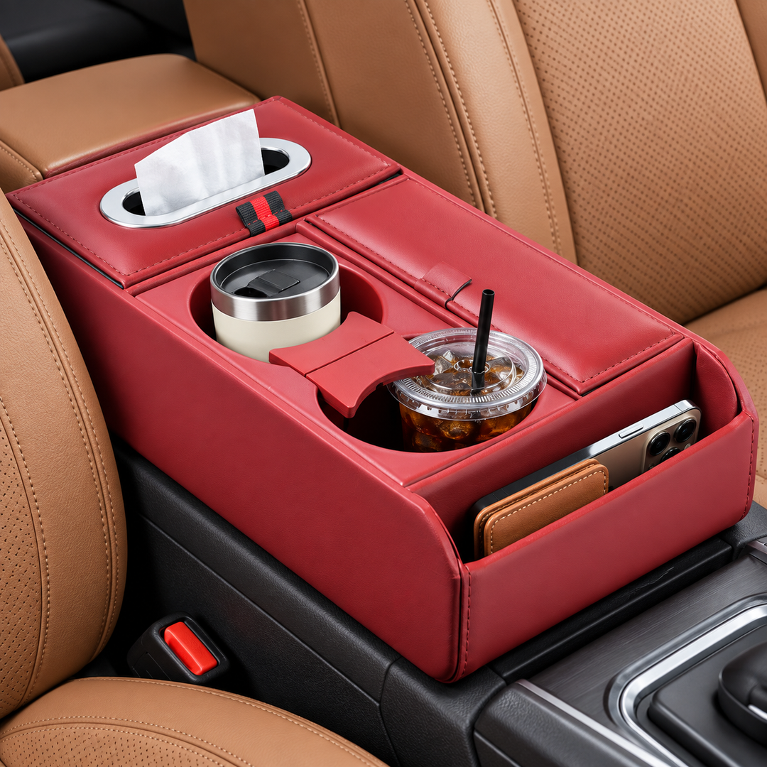 Universal Leatherette Car Center Armrest Console Organizer with Cup Holders & Tissue Dispenser Bowlift