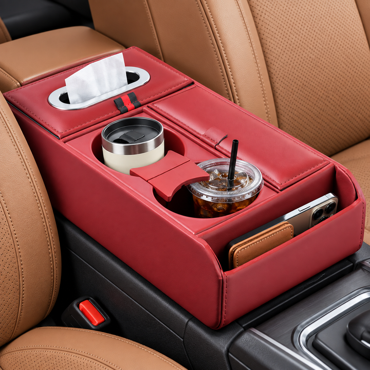 Universal Leatherette Car Center Armrest Console Organizer with Cup Holders & Tissue Dispenser Bowlift