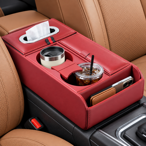 Universal Leatherette Car Center Armrest Console Organizer with Cup Holders & Tissue Dispenser Bowlift