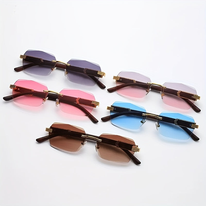 Rimless Sunglasses with Rectangular Lenses and Faux Wood Temples – Verro | Bowlift