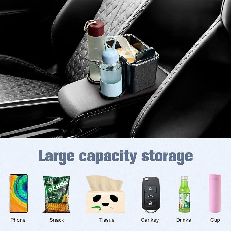 Armrest Organizer with Twin Fold-Flat Cup Holders Bowlift