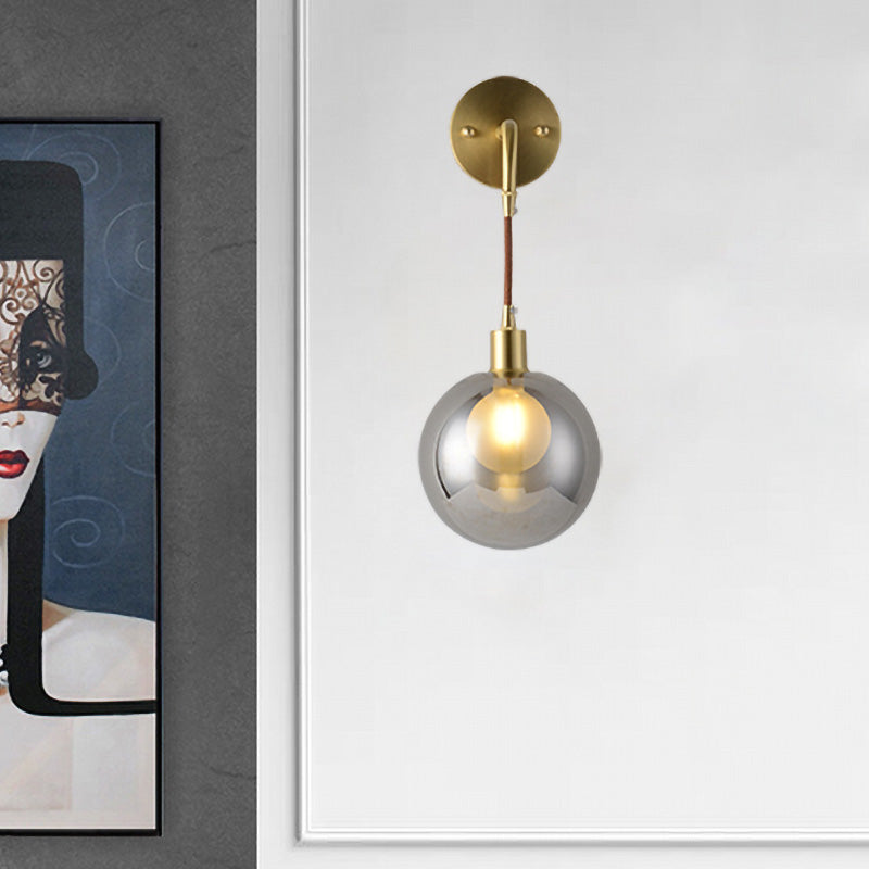 BowLift | 1 Light Corner Wall Lamp Postmodern Brass Finish Wall Mounted Lamp with Orb Smoke Gray Glass Shade