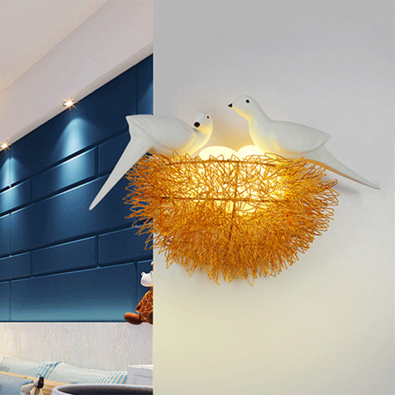 BowLift | Gold Finish Bird Nest Flush Wall Sconce Art Deco 3 Lights Metal LED Wall Lamp with White Bird Decor