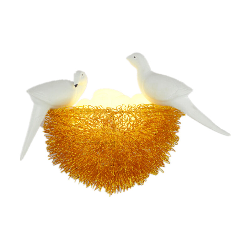 BowLift | Gold Finish Bird Nest Flush Wall Sconce Art Deco 3 Lights Metal LED Wall Lamp with White Bird Decor