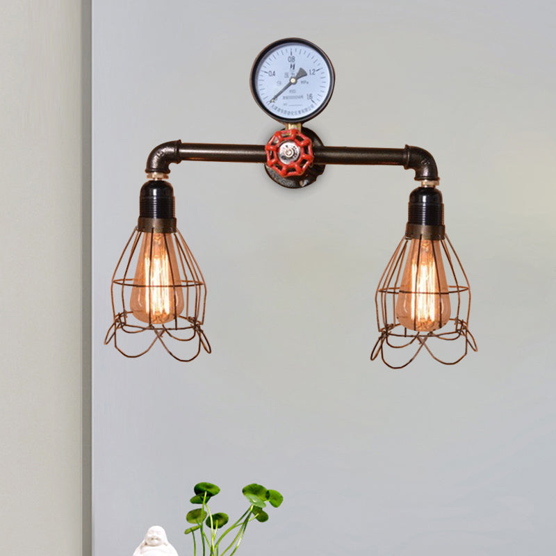 BowLift | 2 Light Bulbs Wire Frame Wall Mount Light with Pressure Gauge Deco Antique Style Black Metal Wall Lighting